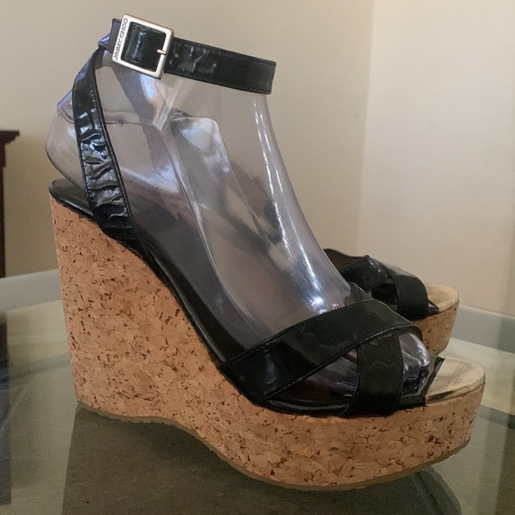 ✨JIMMY CHOO PAPYRUS BLACK PATENT LEATHER CORK WEDGE PLATFORM SANDALS - Picture 6 of 15